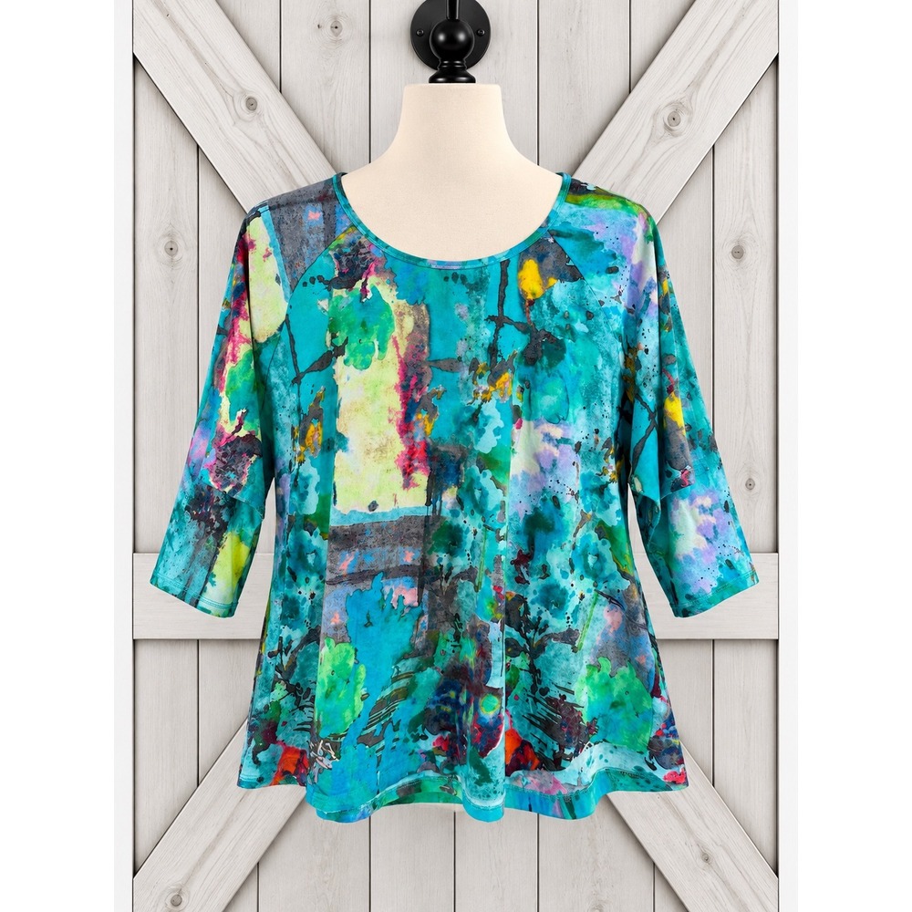 Parsley & Sage Tunic Top 2X Blue Abstract Watercolor 3/4 Sleeve Art to Wear